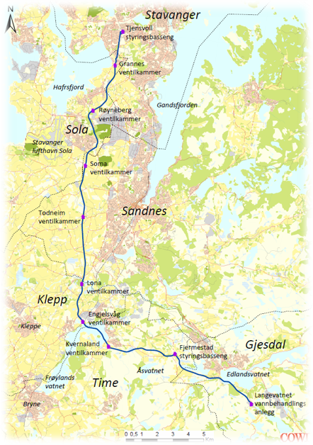 Kart som viser hvordan ny hovedvannledning Vest går fra Langevatn vannbehandlingsanlegg i Gjesdal og nordover til Stavanger.